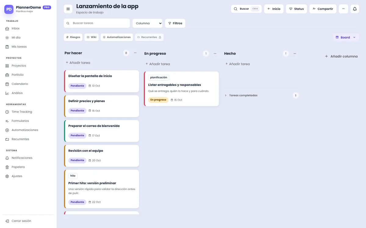 Tablero de proyecto en PlannerDome con columnas Por hacer, En progreso y Hecho