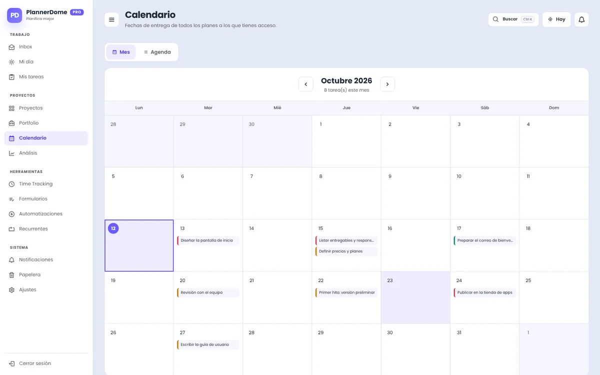 Calendario mensual con las tareas de cada día