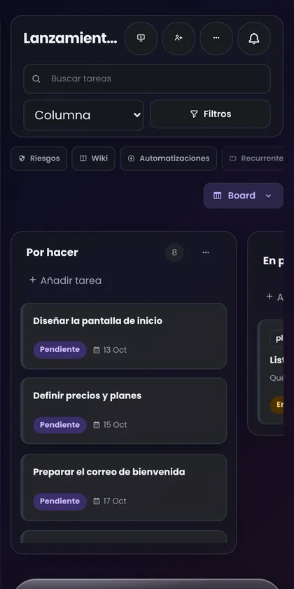 PlannerDome en un teléfono, tablero en modo oscuro