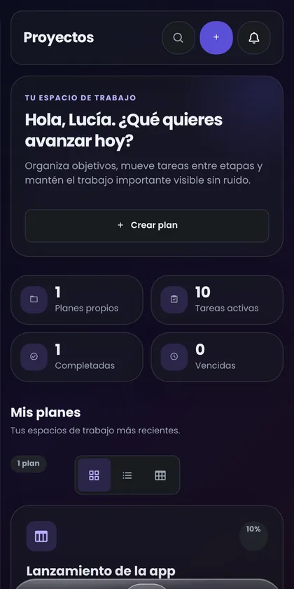 Pantalla de proyectos en el teléfono
