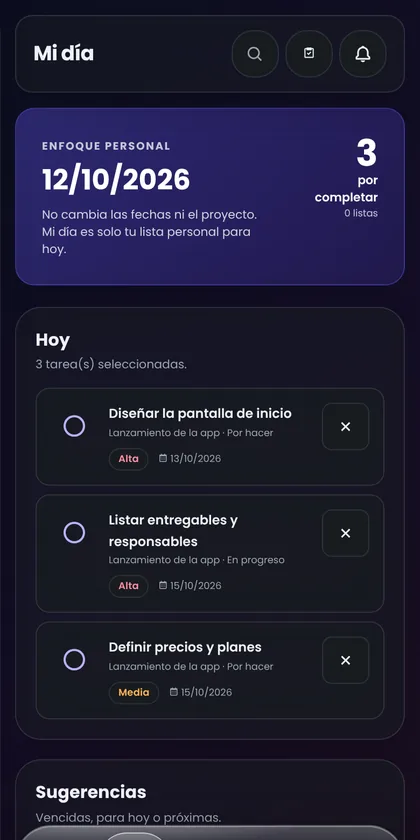 Pantalla Mi día en el teléfono